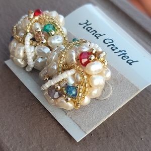 Vtg Handmade Faux Pearl Cluster Earrings